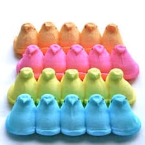 blue, yellow, pink, and orange marshmellow peeps